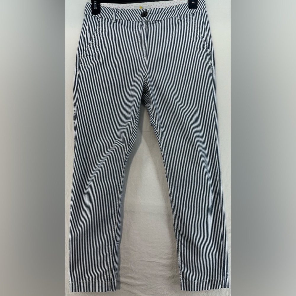 Boden Pinstripe Pants Slacks Flat Front Cotton Blend Blue White Womens Size 6 P